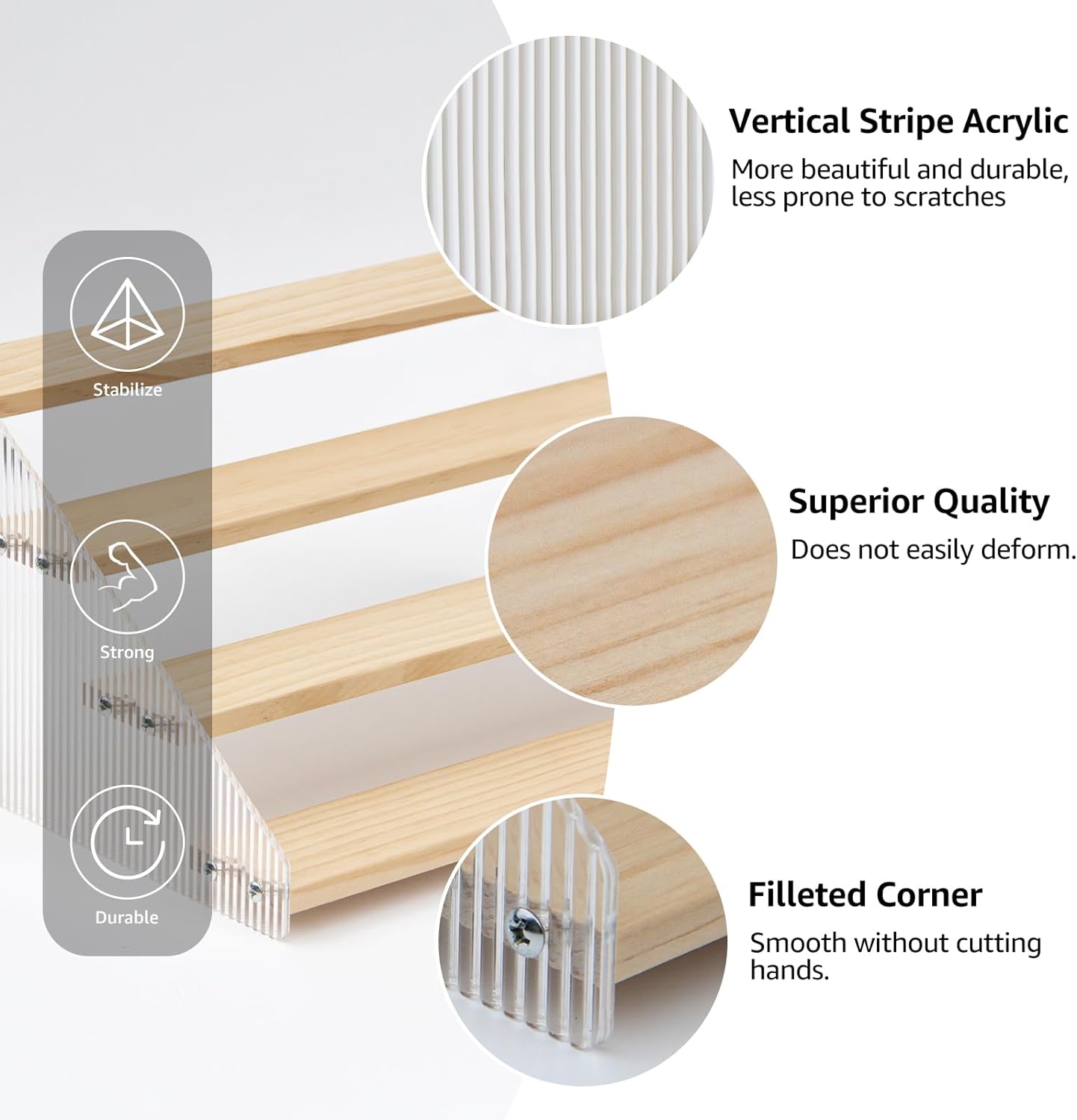 nianfeng Tiered Spice Rack, 4-Tier Spice Pantry Kitchen Cabinet Organizer, 16-Inch, Natural Wood Acrylic Stair Riser Stand, Countertop Seasoning Shelf