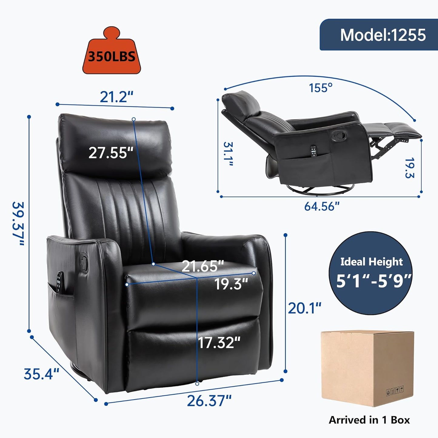 Manual Swivel Rocker Recliner Chair for Adults, Overstuffed Reclining Glider Chair for Nursing with Vibration Massage & Heat, Living Room Rocking Recliner 2-Stage backrest, Faux Leather Black