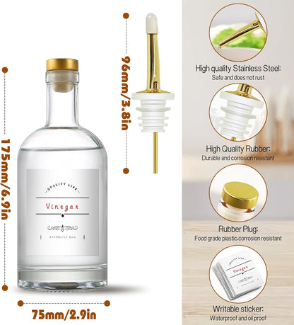 Olive Oil Dispenser Bottle for Kitchen, Clear Glass Oil and Vinegar Dispenser Set, Coffee Syrup Dispenser, Container With Metal Pour Spout, Airtight Lid, Funnel, Waterproof Labels (375ml-4 Pack)
