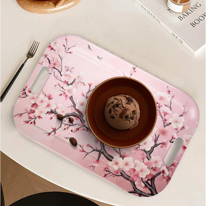 Serving Trays with Handles, 14.5 x 9.8 inch Rectangular Plastic Tray for Restaurant, Kitchen, Pink Cherry Blossom