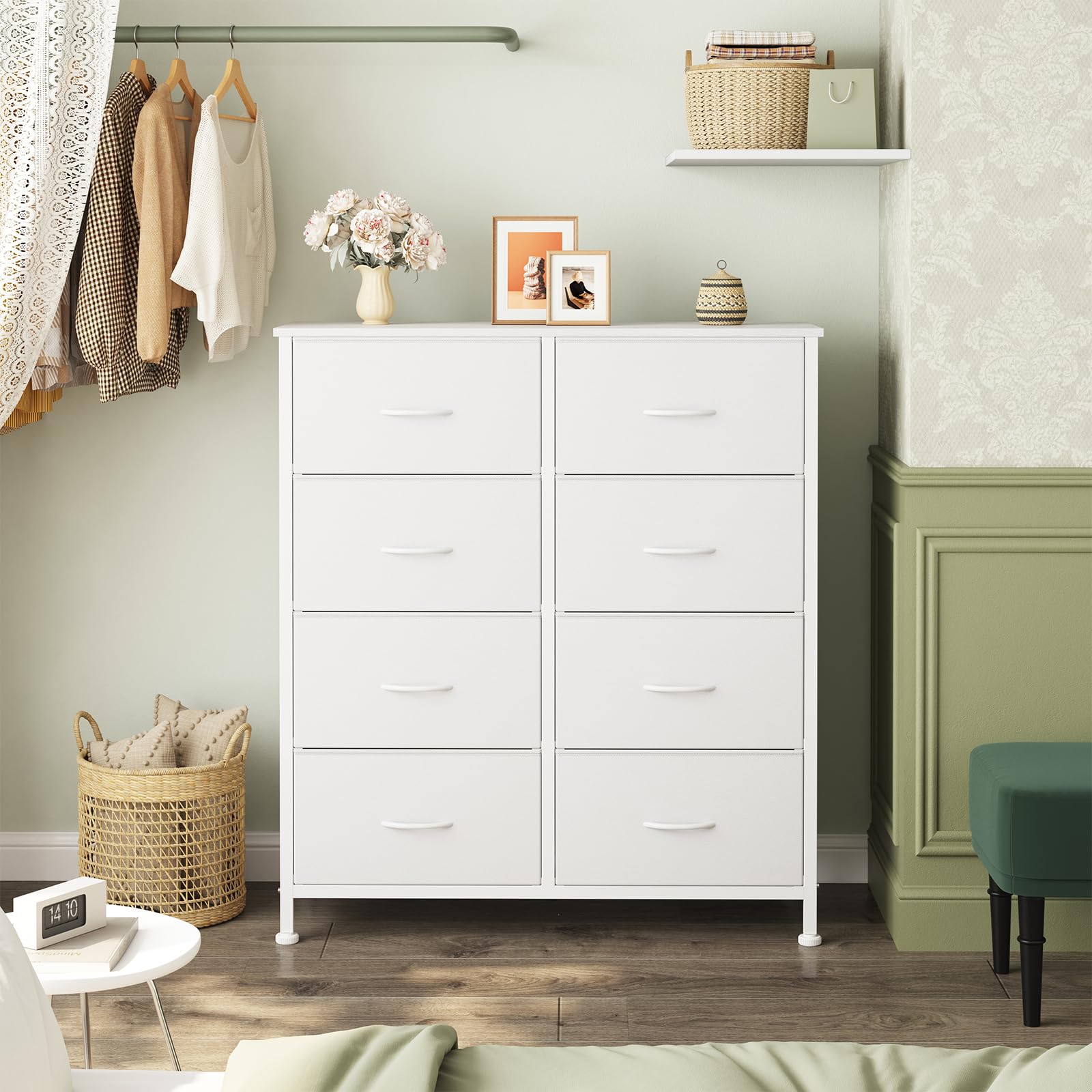 Sweetcrispy 8 Drawer Fabric White Dresser for Bedroom, Tall Double Dresser