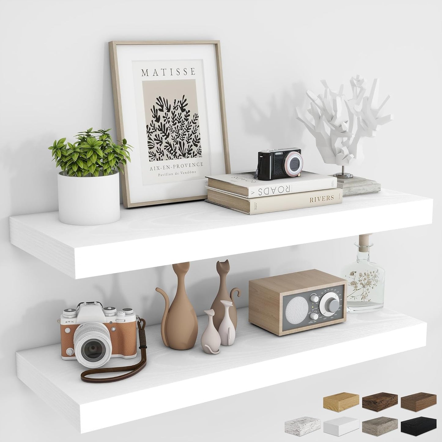 RICHFOCUS 36Inch Floating Shelves for Wall 2 Pack Shelves for Bedroom|Kitchen|Bathroom Wall Mounted Rustic Wood Floating Shelf with Invisible Brackets for Books|Storage|Decor, White