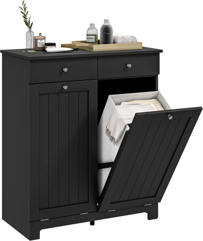 HOMCOM Laundry Hamper Cabinet with 2 Removable Baskets, Tilt Out Laundry Hamper Cabinet with 2 Drawers and 2 Beadboard Doors, Laundry Cabinet Bathroom Storage Cabinet, Black