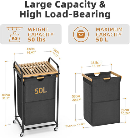 Laundry Hampers 1 Section, Laundry Sorter with Removable Shelf and Pull-Out Bags, Clothes Hampers with Wheels Rolling Cart Basket for Laundry Room Bathroom, 50 L (Black)