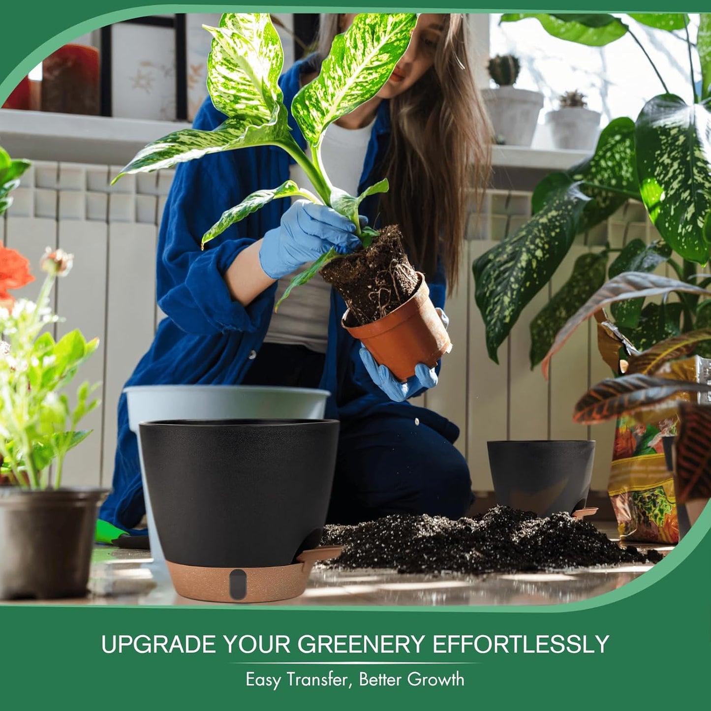 montresor 2 Pack 8 inch Plant Pots, PP Plastic Self Watering Plant Pot with Drainage and Tray for Indoor Outdoor Plants, Water Level Window & Reservoir Flower Pots Decorative Planter (Black)