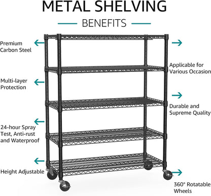 IZEUK Garage Shelving Wide Storage Shelves 5 Tier Metal Shelves 4000 LBS Heavy Duty Adjustable Utility Shelf Rack Black 23.6" D x 53.1" W x 73.6" H