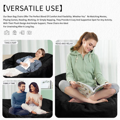 Bean Bag Chair for Adults 8FT,Soft Removable Cover for Teens/Girls Bedroom,Fluffy Giant Round Floor Beanbag Lounger Chairs (No Filler,Black)