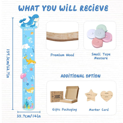 Personalized Name Growth Chart, Marine Animals Wooden Growth Chart for Kids, Height Chart for Boys Girls, Measuring Board for Kids Height for Child's Room, Nursery Decor Decoration