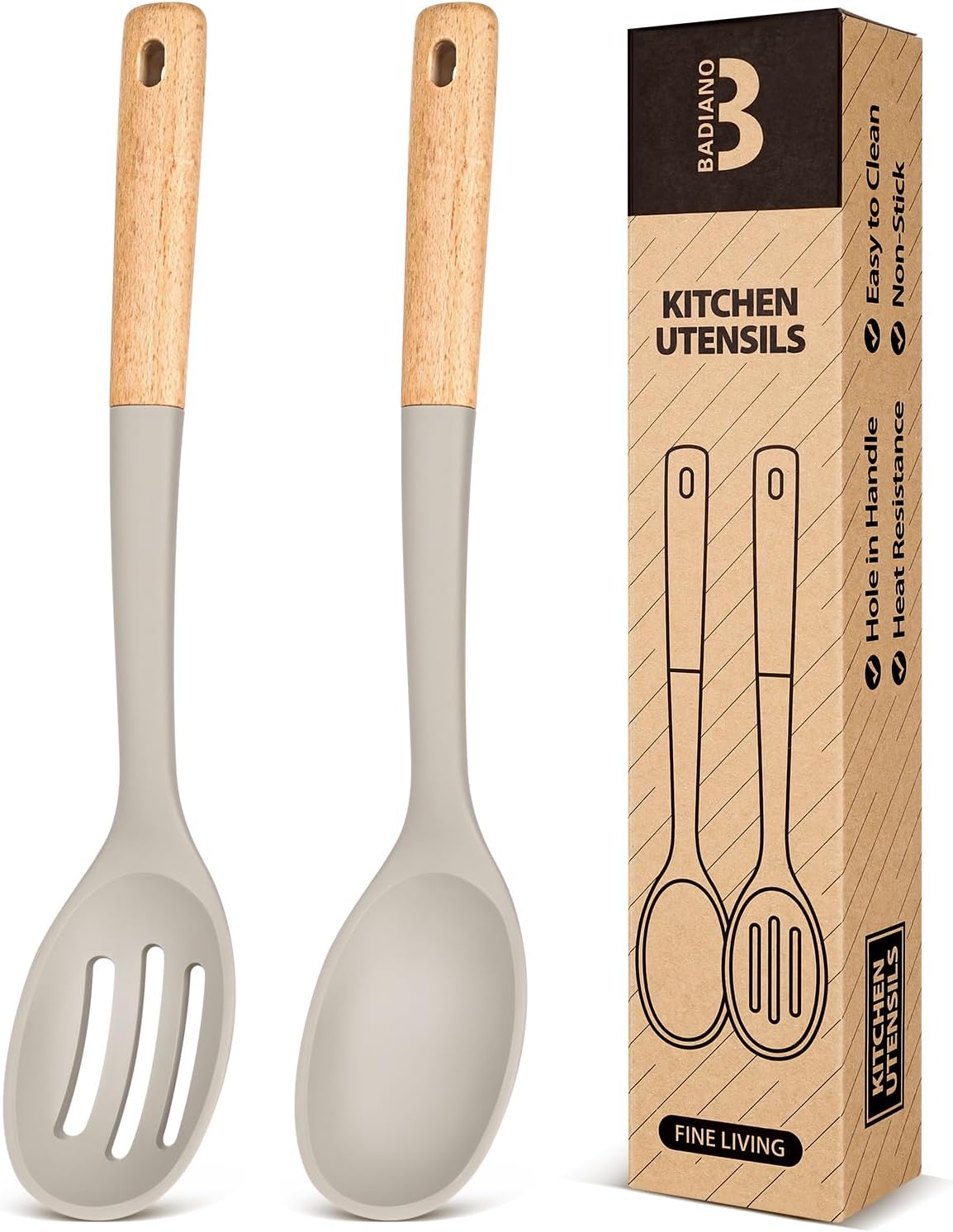Silicone Cooking Spoons, Great for Scooping Sides and Serving Hearty Stews, BPA-Free Matte Silicone, Wooden Handle Serving Spoon for Nonstick Cooking Surfaces (Khaki)