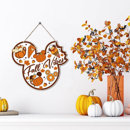 Fall Vibes Door Hanger, Fall Mouse Welcome Door Sign, Wooden Maple Leaves Mushroom Hanging Decor for Front Door, Fall Wood Wreath Wall Decors for Autumn Harvest Thanksgiving Home Decor