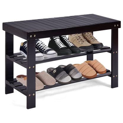 COSTWAY 3-Tier Shoe Rack Bench, Free Standing Wood Entryway Shoe Storage Organizer, Bamboo Storage