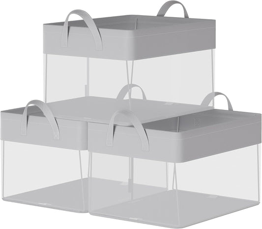 SONGMICS Storage Bins Set of 3, Medium Fabric Storage Baskets, Foldable Organizer with Transparent Nylon Mesh, 15.7 x 11.8 x 9.8 Inches, Handles, for Bedroom, Living Room, Dove Gray URFB940G01