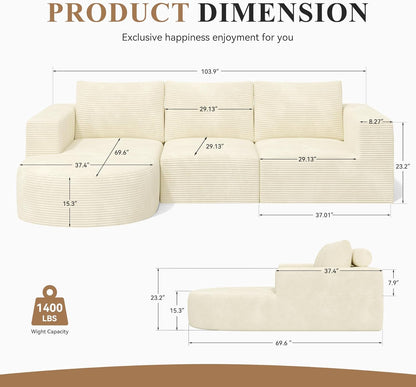 Modular Sectional Sofa with L-Shape Chaise,Cloud Sectional Modern Sleeper Couch with Deep Seat,Sponge Compression Sofas No Assembly Required (Beige-Corduroy Fabric) 1 PCS