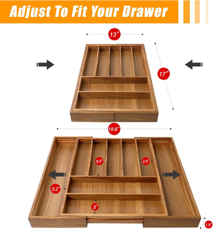 Bellsal Large Premium Acacia Wood Silverware Organizer - Expandable Utensil Drawer Organizer - 17"x19.6" Utensil Holder and Cutlery Tray with Grooved for Kitchen Flatware Utensils(7-9 Slot, Acacia)