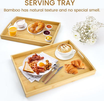 GOLD HONEY Bamboo Serving Tray with Handles Set of 2 - Decorative Wooden Tray for Living Room, Bathroom, Suitable for Used in Bedroom, Kitchen, Coffee Table, Working and Storing - 17x13in, 16x12in