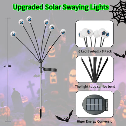 VOTTGO Halloween Solar Lights Outdoor, 8 Pack 48LED Scary Solar Eyeball Pathway Lights, 2 Modes Waterproof Swaying Solar Firefly Lights for Garden Yard Pathway Halloween Decorations, Purple + Orange