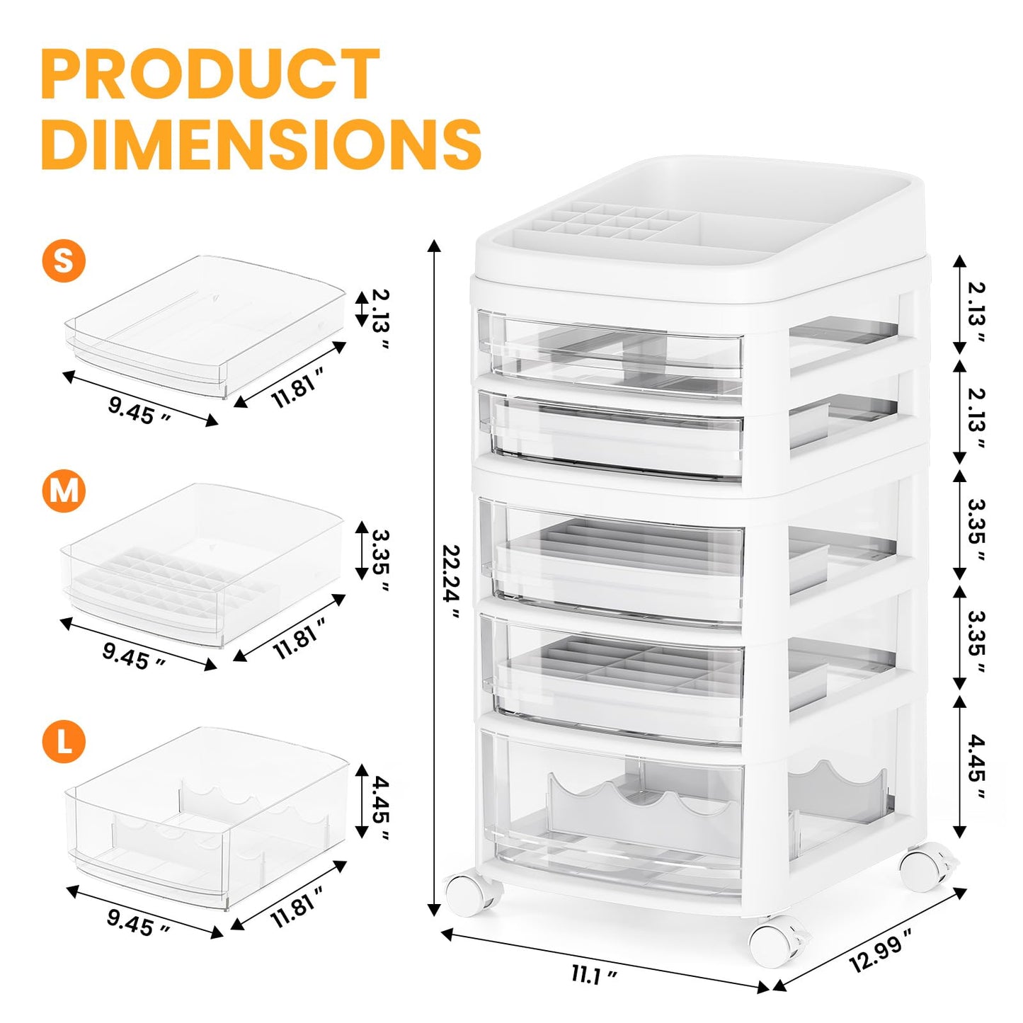 Rolling Cart with 5 Drawers, Clear Plastic Drawer Organizers, Vanity Cart