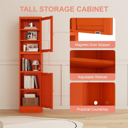 67" Tall Bathroom Storage Cabinet, Narrow Metal Floor Cabinet with Glass Door and Adjustable Shelves, Freestanding Metal Locker for Laundry, Kitchen, Dining Room