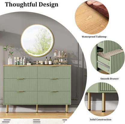 Fluted Wood Dresser 6 Drawers Dresser for Bedroom, Large Modern Chest of Drawers, for Bedroom, Living Room, Hallway, Entryway, Green and Oak