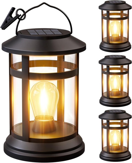 Solar Lanterns Outdoor Waterproof: 4 Pack Hanging Solar Lights for Outside Patio Porch Garden Tabletop Decor - Bright LED Warm White Solar Powered Lighting - 2025 Gardening Lovers Mom Gifts