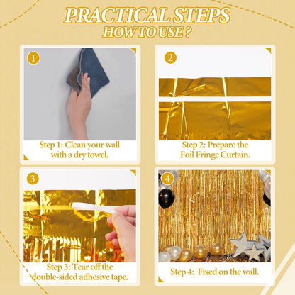 3 Pack Foil Fringe Backdrop - Gold Shiny Tinsel Curtains for Party Decoration/Photo Booth Props - 3.3x8.2 FT Metallic Foil Backdrop for Birthday, Wedding, Graduation, Christmas.