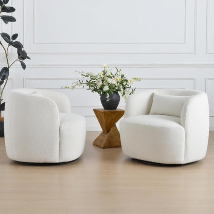 KINWELL 34" Wide Sherpa Swivel Barrel Chairs Set of 2, No Assembly Round Boucle Upholstered Accent Chairs Armchairs Single Sofa Chair with Toss Pillow for Living Room and Bedroom, Beige