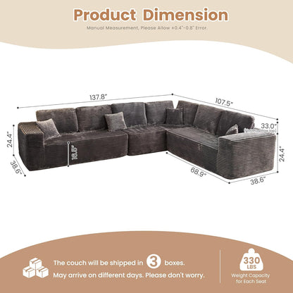 HOOOWOOO Cloud Sectional Couches for Living Room,Modular Sectional Sofa No Assembly,138X108 Inch Plush Corduroy Large L Shaped Floor Couch Set with Deep Seat(Gray)