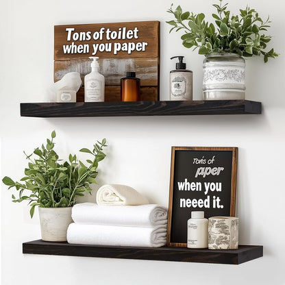 24"x6.8"x1.2" Solid Wood Floating Shelves 2-Pack - Rustic Black Finish with Hidden Brackets, Perfect for Storage and Décor in Living Room, Kitchen, Bedroom