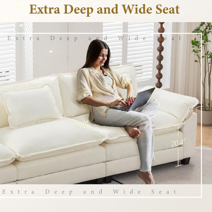 URRED Modular Sectional Sofa Comfy Cloud Couch, Modern Chenille Sofa Sleeper Deep Seat Couches with Ottoman/Pillows for Living Room (White, 53'')