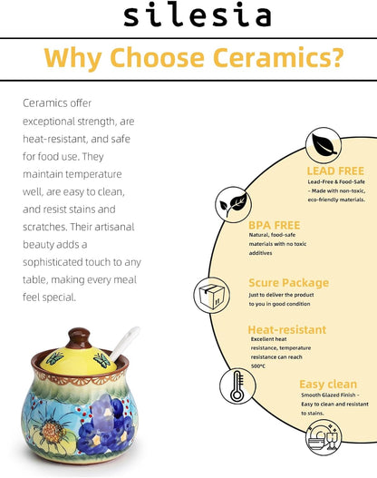 silesia Handmade Sugar Bowl with Lid and Spoon, 9 Ounce Ceramic Hand-Painted Sugar Jar for Home in Gift Box, Kitchen Decor, Oven, Dishwasher & Microwave Safe, Glazed Yellow