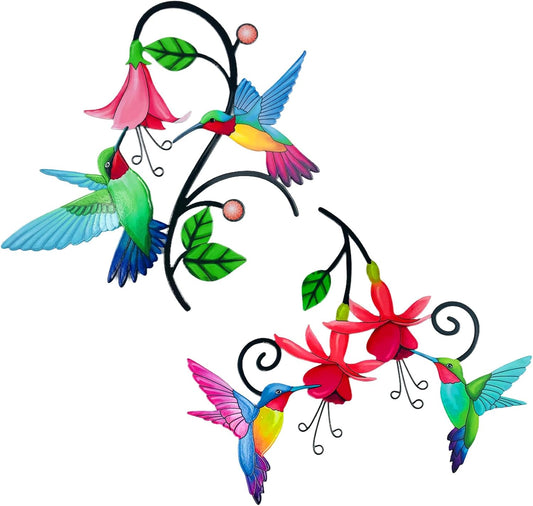 2 Pack Metal Hummingbird & Flower Outdoor Wall Art Decor, Creative Wall Decor for Patio, Fence, Deck, Garden, Home, Kitchen, Balcony