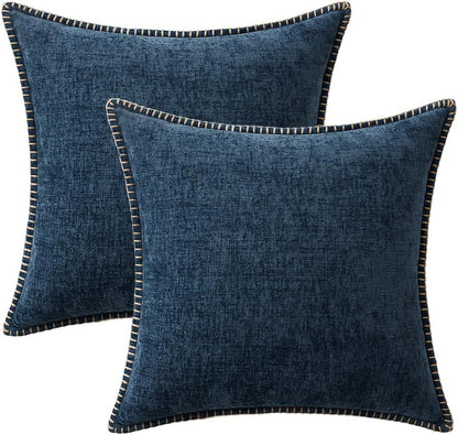 MIULEE Pack of 2 Couch Throw Pillow Covers 18x18 Inch Coastal Navy Blue Farmhouse Decorative Pillow Covers with Stitched Edge Soft Chenille Solid Dyed Spring Pillow Covers for Sofa Bed Living Room