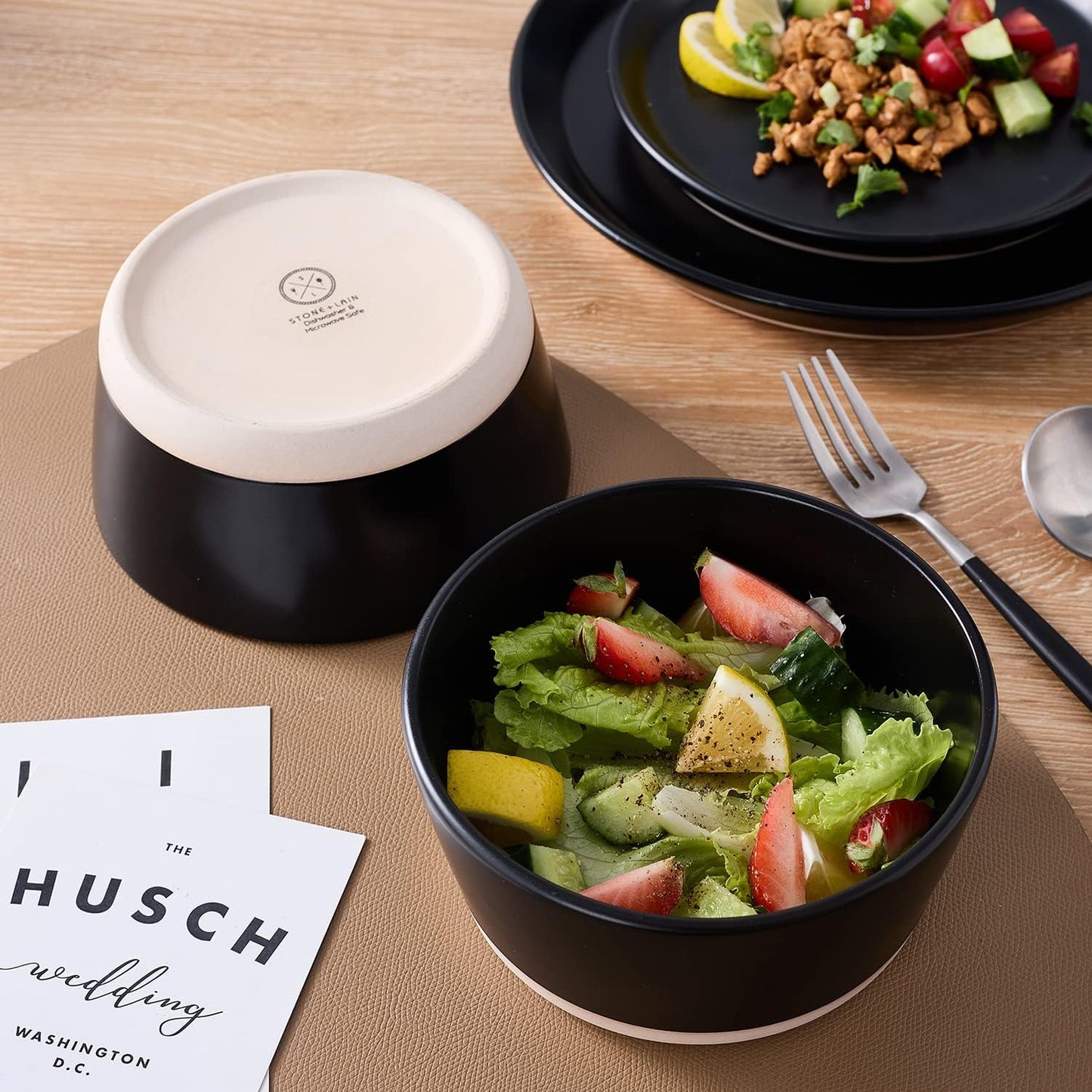 Stone Lain Jules Modern Stoneware 32-Piece Round Black Dinnerware Set, Plates and Bowls Sets, Dish Set for 8, Black