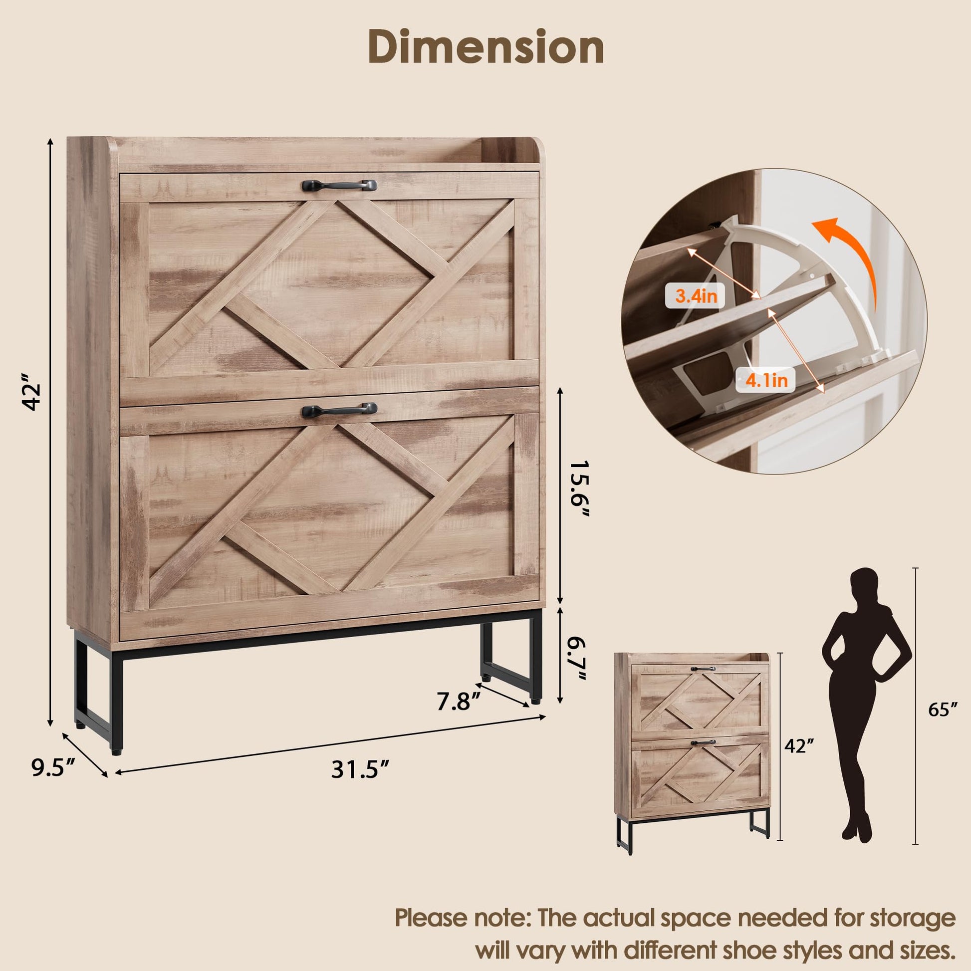 Nicetree Shoe Cabinet with 2 Flip Drawers，Freestanding Shoe Storage Cabinet, Narrow Shoe Organizer
