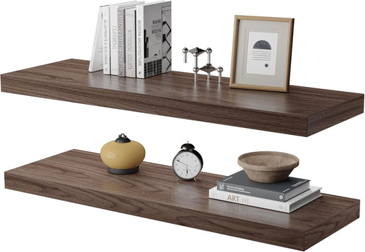 Large Floating Shelves for Wall Set of 2 Wooden Wall Shelves 24 in x 12.75 in x 2 in Room Decor Long Shelf with Invisible Wall Mount Bracket for Bedroom Kitchen Living Room Walnut