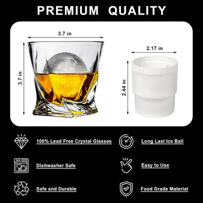 Crystal Whiskey Glasses Set of 2 with Ice Ball Molds, 11 Oz Old Fashioned Glasses Packaged in Giftable Box, Twisted Style Bourbon Glasses Gifts for Men, Stylish Whiskey Glasses Set