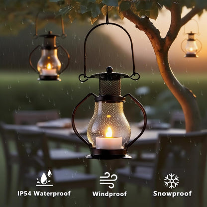 Solar Hanging Lanterns Outdoor Waterproof, Vintage Mini Metal Lantern with Flickering Solar Powered Tea Lights, Perfect Chargeable Solar Lights for Backyard Patio Garden Fence Tree Decoration-4Pack