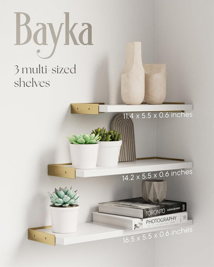 BAYKA Wall Shelves for Bedroom Decor, Floating Wall Shelves for Living Room Kitchen Storage, Wall Mounted Rustic Wood Shelves for Kids Books,Corner Shelves for Bathroom(White and Gold，Set of 3)