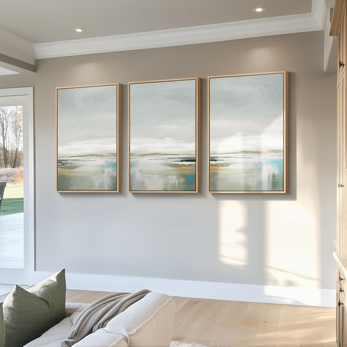 Large Framed Green Abstract Landscape Wall Art for Living Room, 3 Piece Canvas Prints Paintings Artwork for Walls, Modern Minimalist Pictures for Dining Room, Hallway, Office Wall Decor 24x36 In