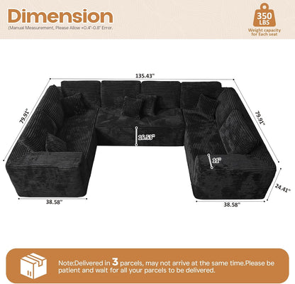 Cloud Sectional Couches for Living Room,U Shaped Modular Sofas No Assembly,135x79 Inches Plush Corduroy Oversized Floor Couch Set with Deep Seat Chaise,Black