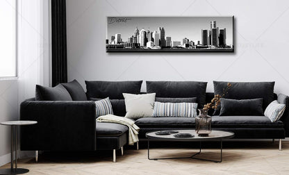 DJSYLIFE Detroit Skyline Wall Art Black and White Canvas Prints USA Skyscraper Panoramic Cityscape Picture for Bedroom Office Home Decoration Ready to Hang 13.8" x 47.3"