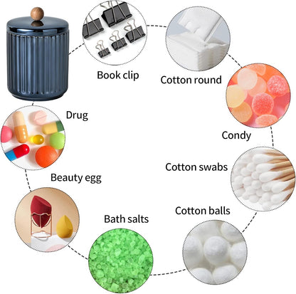 Qtip Holder Bathroom Set with Tray(3PCS) - 2 Piece 12 oz Blue Apothecary Jar Canister with Lid and 1 Pack Ceramic Vanity Tray