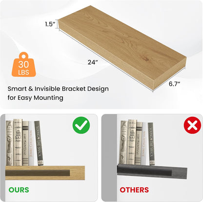 Floating Shelves for Wall, 24" W x 6.7" D x 1.5" H, Wooden Wall Mounted Display Shelves with Invisible Brackets for Living Room, Bedroom, Bathroom, Kitchen Decor and Storage, Set of 2, Oak