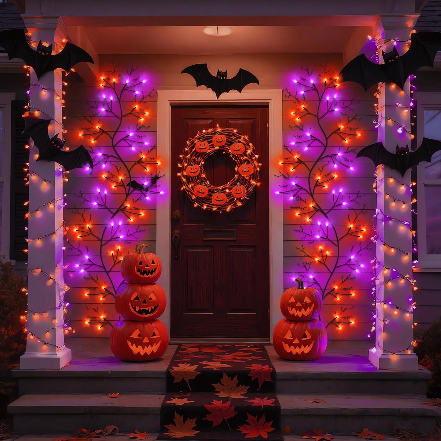 7 Ft Halloween Decorations Willow Vine Twig Garland with 8 Modes Timer 63 LED Orange Purple Lights, Halloween Garland with Waterproof Battery Operated for Wall Fireplace Decorations Indoor Outdoor