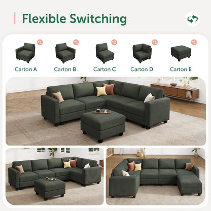 HONBAY Corduroy Modular Sectional Couch with Storage L-Shaped Sectional Couches for Living Room 6 Seater Modular Sofa, Green