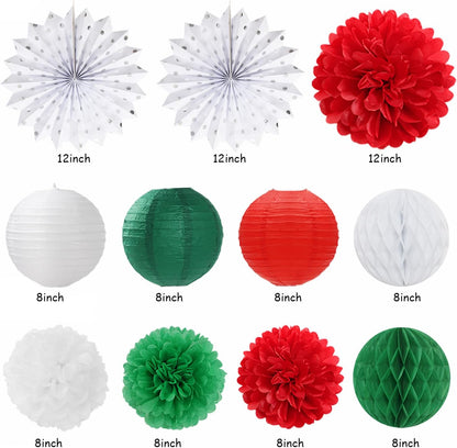 Red White Green Mexican Christmas Birthday Party-Decorations - 21pcs Happy Banner,Paper Lanterns Honeycomb,Tissue Pom Poms Flower Fan,Italian Kids Classroom Hanging Streamers Garland Decor Huglony