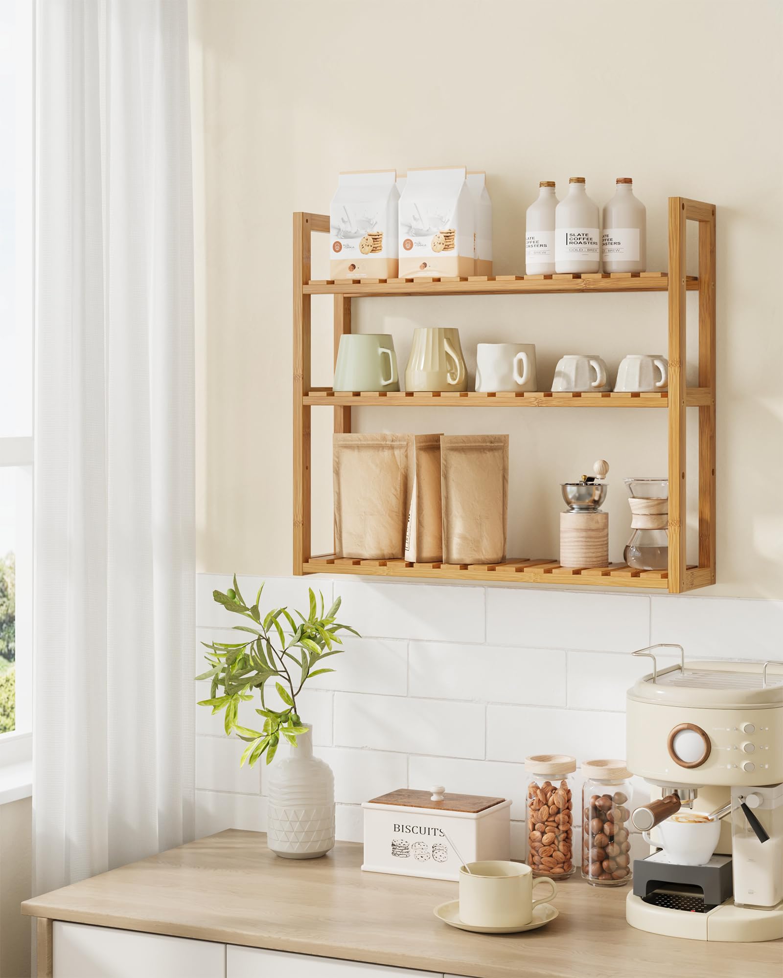 SONGMICS Bamboo Bathroom Shelf, 3-Tier Adjustable Plants Rack, Wall-Mounted or Stand, in the Living