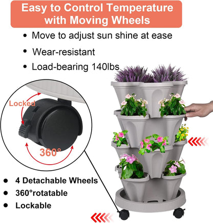 DUNCHATY Stackable Planter, Vertical Garden Planter with Wheels and Tools, Self Watering Strawberry Planter Indoor/Outdoor 4 Tier Herb Planter Pots for Growing Vegetables and Succulents,Gray