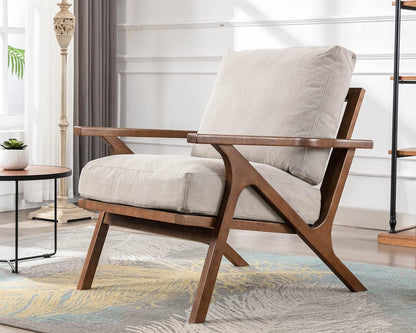 HNY Set of 2 Mid Century Accent Chair, Faux Leather Upholstered Armchair with Wood Frame and Canvas Cushions, Leisure Reading Chair Slipper Chair for Living Room, Bedroom, Beige