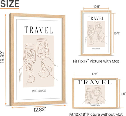 upsimples 12x18 Frame, Natural Solid Wooden Picture Frames, Display 11x17 with Mat or 12 x 18 Without Mat, Vertical or Horizontal Wall Hanging, 1 Pack, Natural